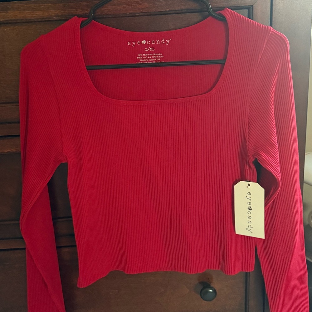 eye candy Crimson Ribbed Long Sleeve Scoop Neck Top